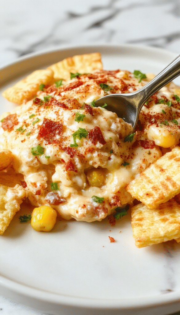 A vibrant bowl of crack corn dip featuring golden yellow corn kernels coated in creamy cheesy sauce, garnished with chopped green onions and red pepper flakes. The dip is served in a rustic white bowl on a wooden table, with crunchy fried tortilla chips arranged around it, inviting a colorful and savory snack scene.