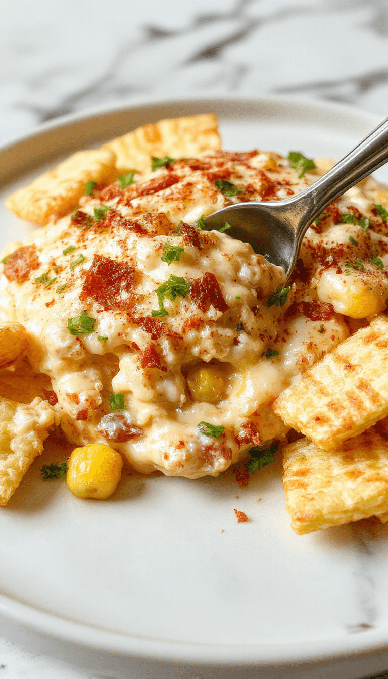 A vibrant bowl of crack corn dip featuring golden yellow corn kernels coated in creamy cheesy sauce, garnished with chopped green onions and red pepper flakes. The dip is served in a rustic white bowl on a wooden table, with crunchy fried tortilla chips arranged around it, inviting a colorful and savory snack scene.