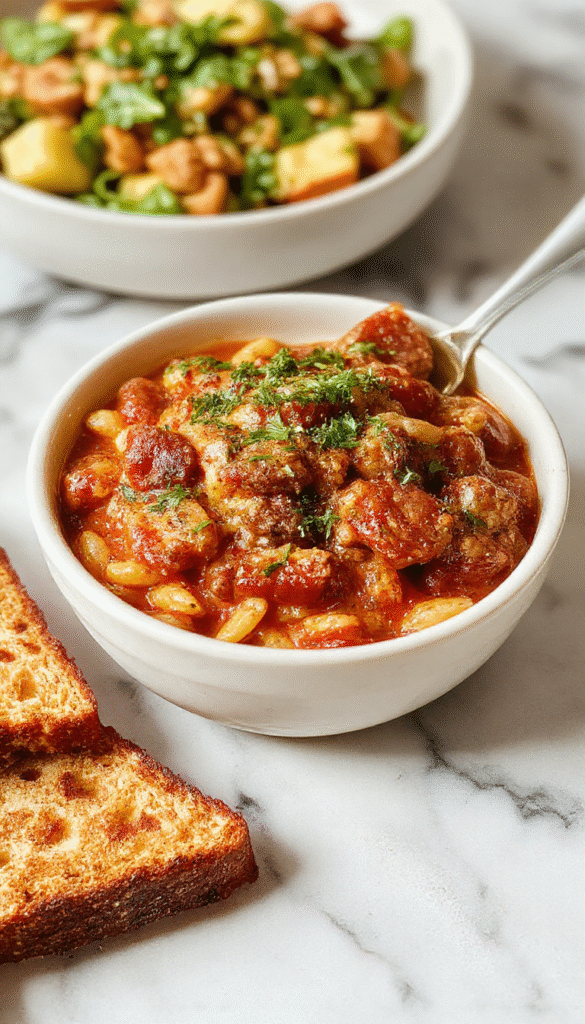 A vibrant plate of ground beef orzo with a rich tomato cream sauce, garnished with fresh basil and grated cheese. The dish is beautifully plated with the creamy sauce coating tender orzo, topped with chopped herbs, showcasing warm, inviting colors and a luscious texture.