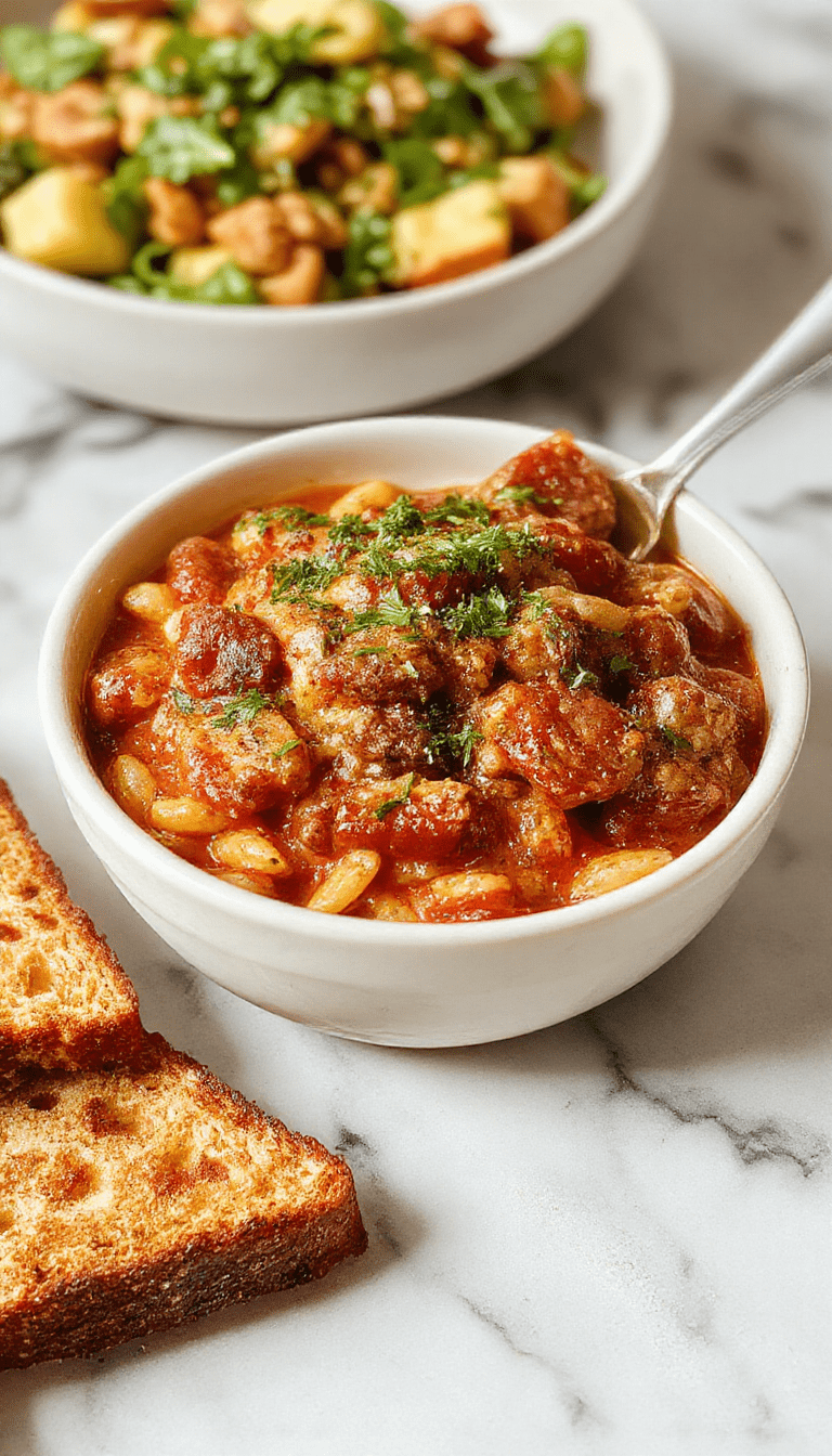 A vibrant plate of ground beef orzo with a rich tomato cream sauce, garnished with fresh basil and grated cheese. The dish is beautifully plated with the creamy sauce coating tender orzo, topped with chopped herbs, showcasing warm, inviting colors and a luscious texture.