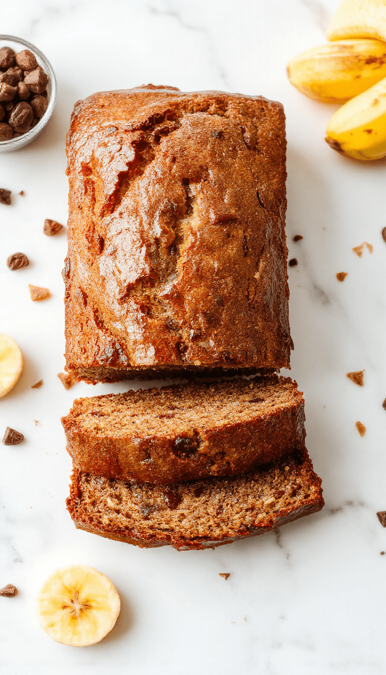 A golden, freshly baked banana bread loaf on a rustic wooden cutting board, sliced to reveal a moist, dense texture with visible banana chunks, surrounded by ripe bananas and a sprinkle of cinnamon, styled with a beige cloth backdrop and warm natural lighting.