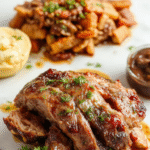 A hearty slow cooker pot roast served on a rustic wooden table, featuring tender beef surrounded by caramelized vegetables, golden gravy, and fresh herbs, with steam rising, styled in a cozy kitchen setting.