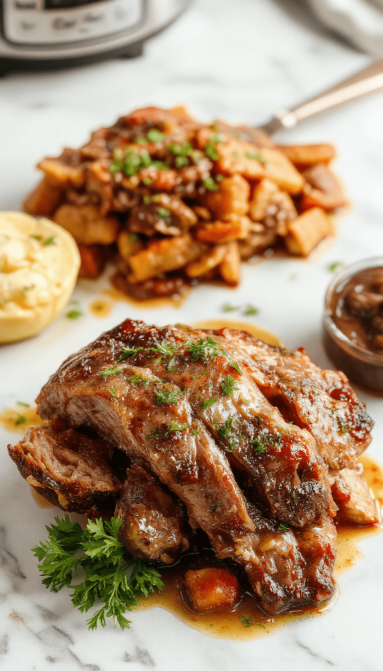 A hearty slow cooker pot roast served on a rustic wooden table, featuring tender beef surrounded by caramelized vegetables, golden gravy, and fresh herbs, with steam rising, styled in a cozy kitchen setting.