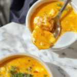 A vibrant bowl of golden turmeric chicken soup garnished with fresh herbs, featuring shredded chicken, vegetables, and a rich, colorful broth on a rustic wooden table.