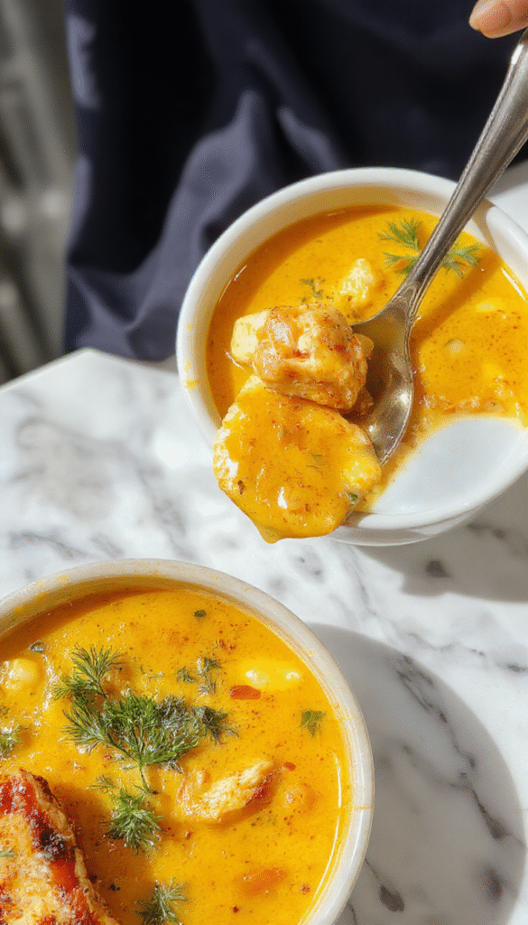 A vibrant bowl of golden turmeric chicken soup garnished with fresh herbs, featuring shredded chicken, vegetables, and a rich, colorful broth on a rustic wooden table.